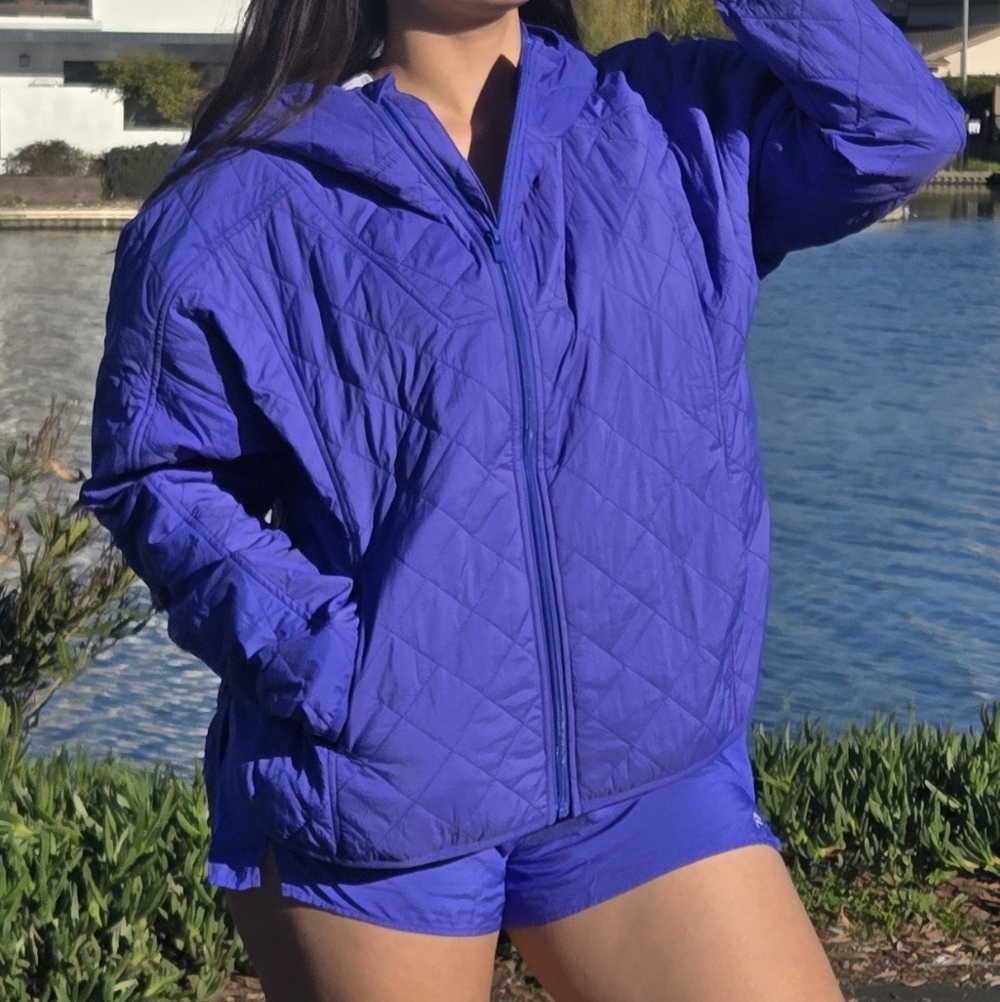 Fabletics Vibrant Purple Puffer Jacket + Shorts Set
